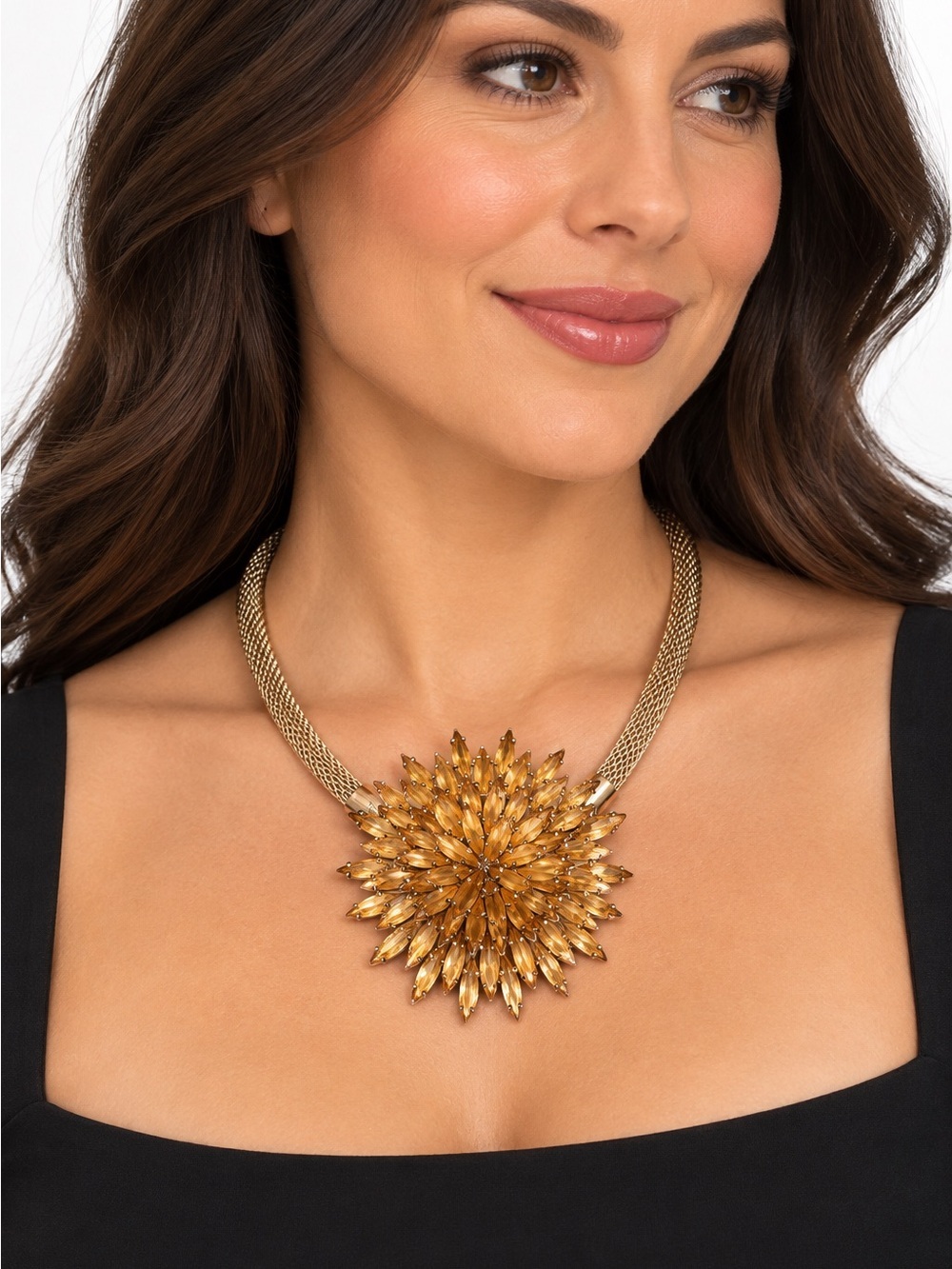 Vintage Gold Tone Mesh Flower Statement Necklace Amber Petal Bib